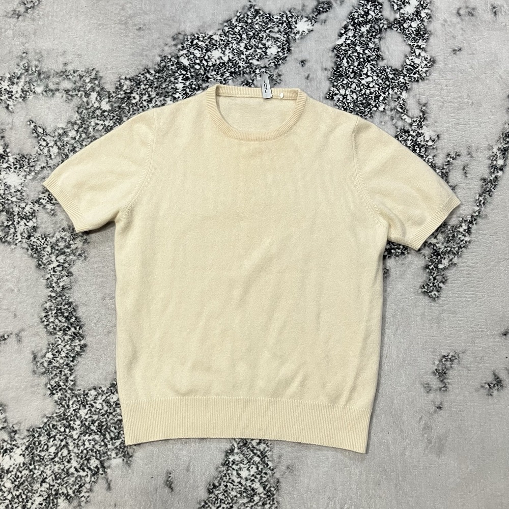 TSE 100% Cashmere Short Sleeve Sweater Womens S Ivory Crewneck Minimal Luxury